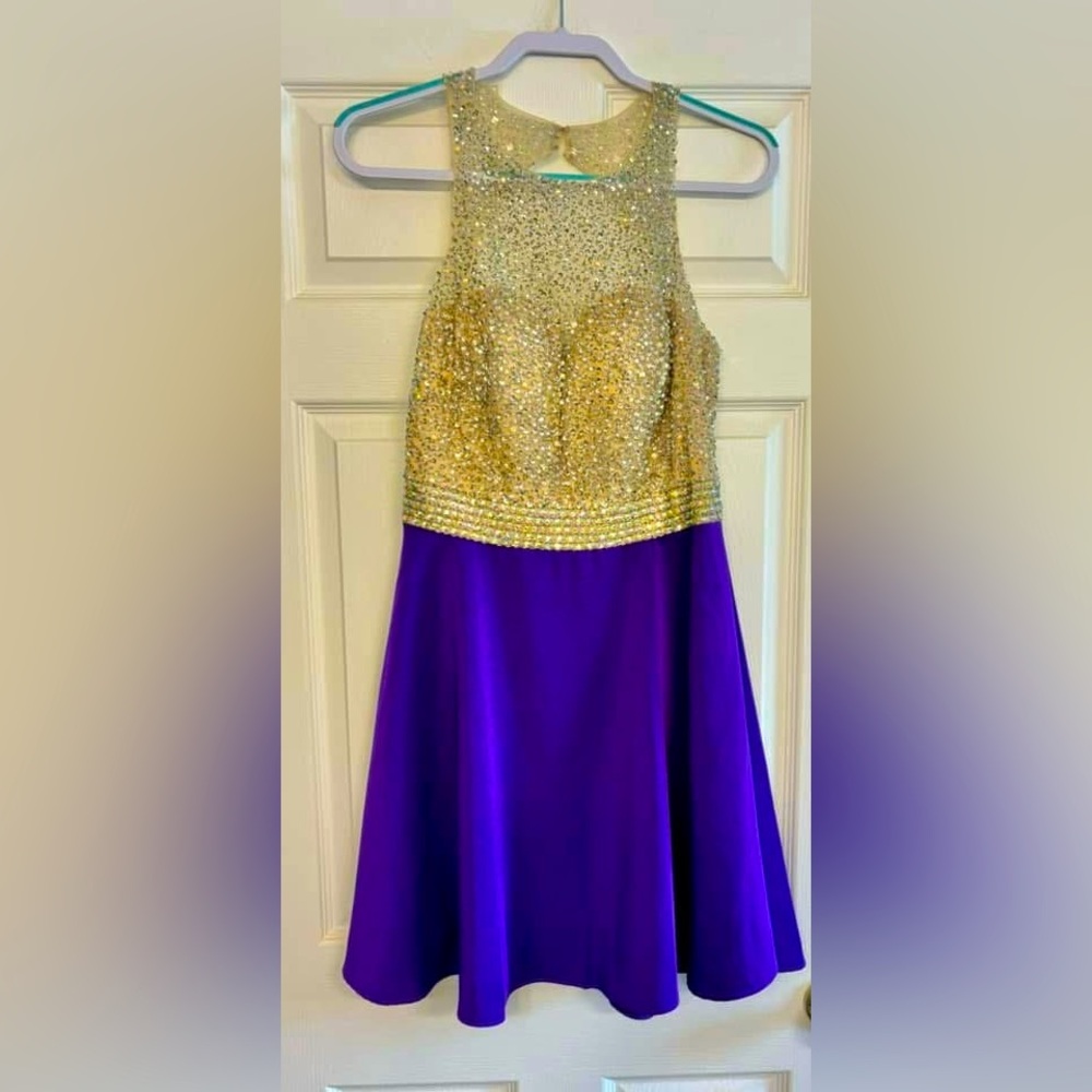 Deep purple silk bottom and rhinestone sleeveless top homecoming dress